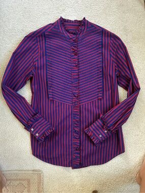 J. Crew Majenta & Blue Striped Long Sleeve Ruffle Trim Tuxedo Top Blouse S
